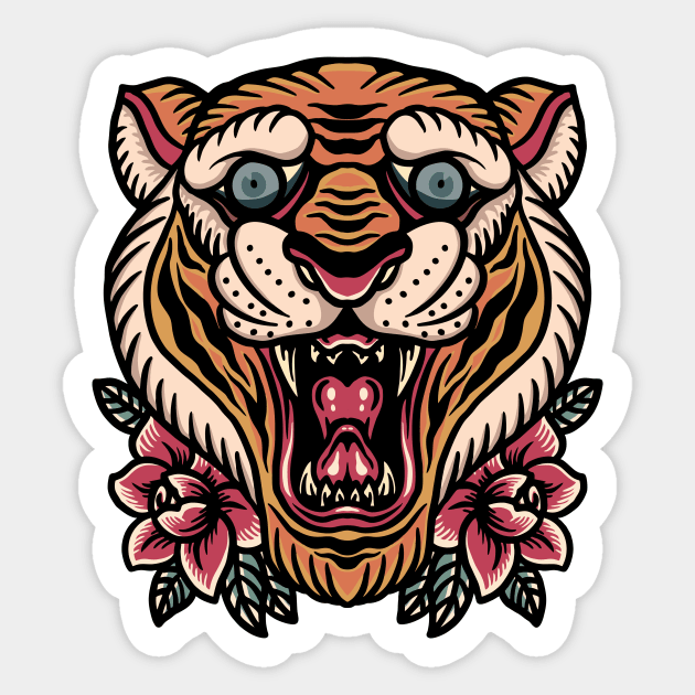 Retro Tiger Head Illustration with Roses Sticker by SLAG_Creative